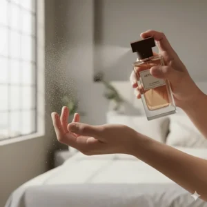 A person gently spraying heliotrope perfume onto their wrist, showcasing the best way to apply the long-lasting, powdery scent.