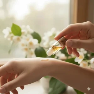 A person gently applying jasmine perfume oil to their wrist for a long-lasting, natural scent.