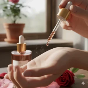 A person gently applying a drop of concentrated rose perfume oil to their wrist pulse point.
