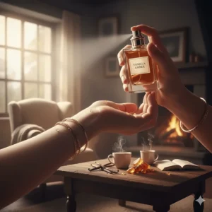 A person gently spritzing the vanilla amber perfume on their wrist, demonstrating the best way to apply the fragrance for long-lasting wear.