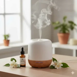 Jasmine essential oil being used in an aromatherapy diffuser for a calming and luxurious home fragrance experience.