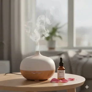 A modern essential oil diffuser releasing an aromatic mist from calming rose perfume oil.
