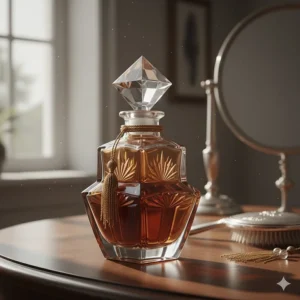 An ornate Art Deco glass perfume bottle design, typical of the vessels used to hold highly prized vintage perfumes that used ambergris.