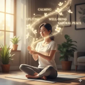 A display of text and elements describing the calming and uplifting benefits of wearing jasmine perfume oil.