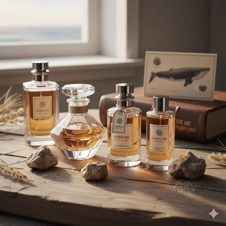 A collection of the best perfumes featuring ambergris as a base or heart note, highlighting the bottles and their luxurious presentation. perfumes with ambergris