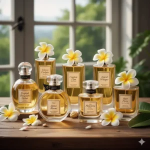 A collection of the best plumeria fragrance perfumes and colognes displayed side-by-side for comparison.
