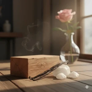 Cedarwood, vanilla, and musks, representing the warm, long-lasting base notes of the magnetic rose perfume.