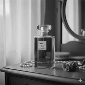 Black and white photo of an original, early Chanel No. 5 bottle, representing an era where this famous scent contained natural ambergris.
