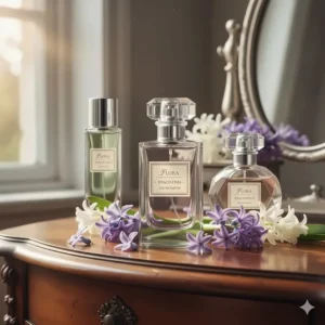 A beautiful collection of designer perfume bottles that feature hyacinth as a prominent middle or top note.