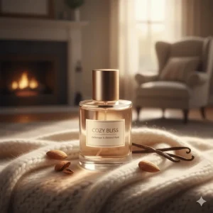 A luxurious bottle of heliotrope perfume resting on a soft cashmere background, emphasizing the cozy, almond-vanilla warmth of the fragrance.