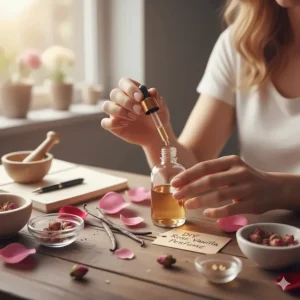 Hands mixing essential oils for DIY rose vanilla perfume, showing the process of creating a natural fragrance.