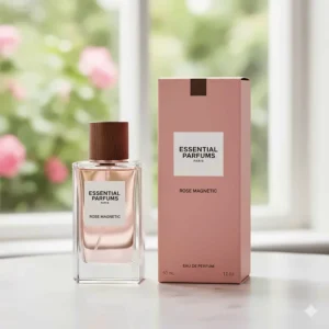 Essential Parfums Rose Magnetic Eau de Parfum bottle with its sustainable, FSC-certified cardboard packaging.