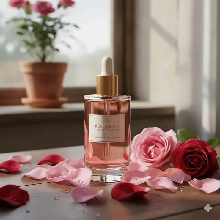 Elegant glass bottle of rose perfume oil displayed with soft pink rose petals for a luxurious, natural fragrance.