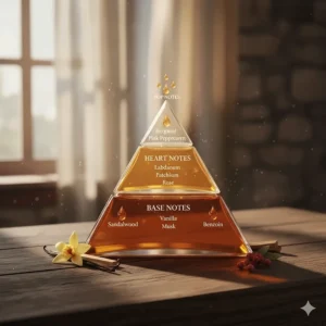 A visual representation (chart or graphic) showing the complex fragrance notes often paired with amber in fine perfumes, such as vanilla, musk, and sandalwood.