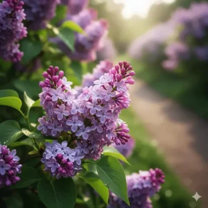A vibrant, close-up photograph of fresh, purple lilac blossoms on a bush, illustrating the source of the spring flower scent.