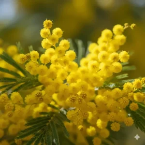 Close-up of vibrant yellow mimosa flowers (Acacia dealbata), the main ingredient providing the sweet, powdery note in mimosa perfume.