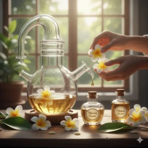 Fresh, white and yellow plumeria flowers (frangipani) used to extract the essential oil for a captivating fragrance.