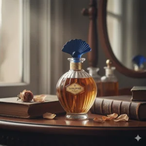 Close-up of a classic bottle of Guerlain Shalimar from the early 20th century, one of the iconic vintage perfumes that used ambergris.