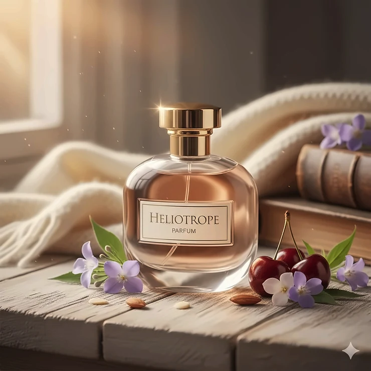 Elegant bottle of heliotrope perfume next to the fragrant purple heliotrope flowers, highlighting the scent's powdery, floral, and almond-like character.