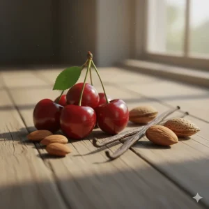 A collection of key notes found in heliotrope perfume compositions: vanilla bean, shelled almonds, and fresh cherries.
