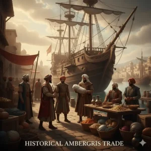 Vintage illustration depicting the historical trade and value of ambergris as a sought-after commodity in ancient times.