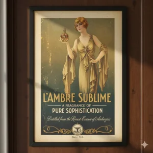 An illustration or advertisement from the 1920s-1940s promoting a vintage perfume, highlighting the historical use of luxury ingredients like ambergris.
