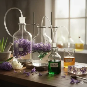 Illustration of the solvent extraction process used to create hyacinth absolute for high-quality perfume.