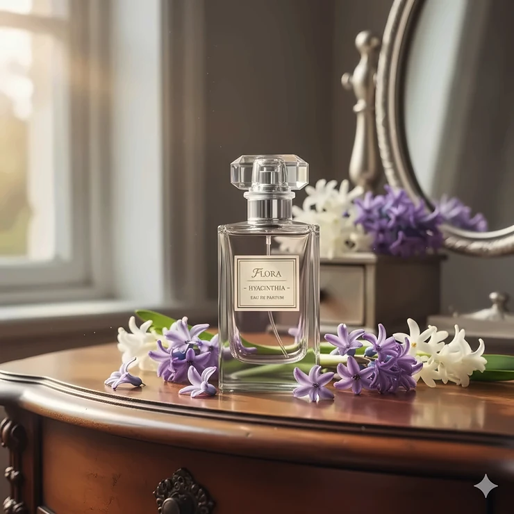 A luxurious, clear glass bottle of hyacinth perfume, showcasing the fresh, green, and floral scent.