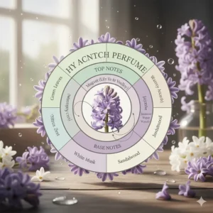 A scent wheel graphic illustrating the fresh, green, and watery facets of a typical hyacinth perfume composition.