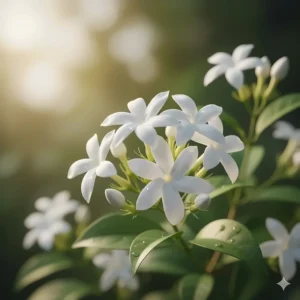 A close-up shot of fresh white jasmine blossoms, highlighting the source of the beautiful floral fragrance.