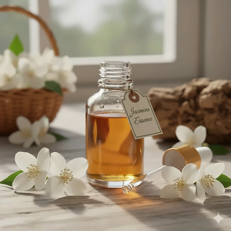 Pure jasmine perfume oil in an artisanal glass bottle, showcasing the natural floral scent and its rich amber color.