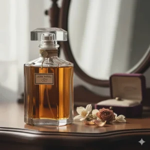 A luxurious bottle of Jean Patou Joy, another classic vintage perfume known for its original formulation using natural, high-quality ingredients like ambergris.