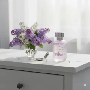 An aesthetic flat lay of a lilac perfume bottle on a white dresser with a small vase of spring flowers, suggesting daily use.