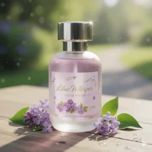 Close-up of an elegant fragrance bottle featuring the lilac scent note, perfect for a subtle floral perfume.