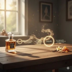A graphic illustrating the long-lasting base notes of a luxury amber oil perfume, showing its persistence on the skin throughout the day.