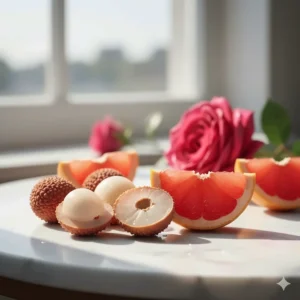 Fresh lychee and grapefruit to illustrate the vibrant, fruity top notes of the Rose Magnetic fragrance.
