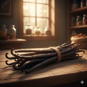 A cluster of dried, dark vanilla beans used as a key natural ingredient, emphasizing the creamy sweetness in the vanilla amber perfume.