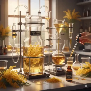 Image showing the solvent extraction process used to create mimosa absolute, a rich, long-lasting extract for mimosa perfume.