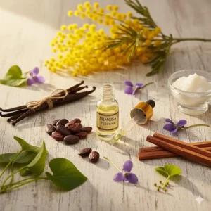 A collection of ingredients used in mimosa perfume, including a vial of essential oil, tonka bean, violet, and green notes.