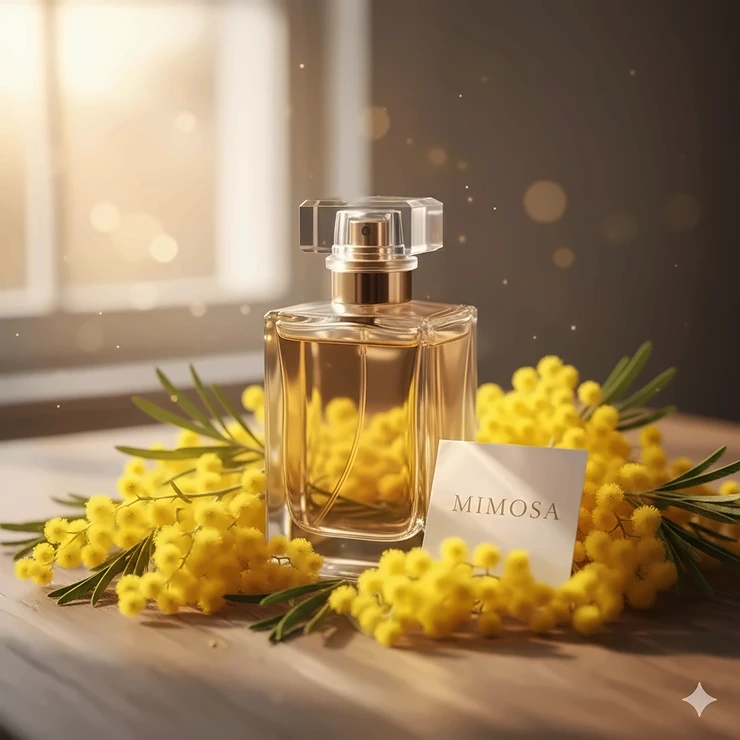 A beautifully designed bottle of mimosa perfume resting on a bed of fresh, bright yellow mimosa flowers, highlighting its soft, powdery, and sunlit scent profile.