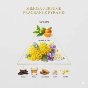 Infographic illustrating the top, heart, and base notes of a mimosa perfume, with the mimosa note prominently featured in the heart.