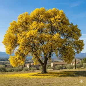 A large, blooming mimosa tree in the South of France, where many of the key perfumery ingredients are traditionally sourced.