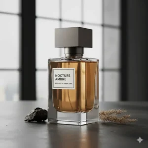 A sleek, modern bottle of a niche fragrance that prominently features the rare and musky note of ambergris.