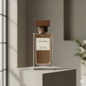 A contemporary, minimalist niche fragrance bottle containing a sophisticated, refined blend of heliotrope perfume.