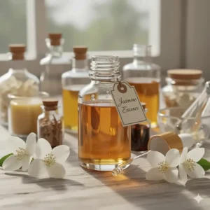 A collection of bottles showing the natural ingredients used to create the premium jasmine perfume oil.
