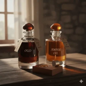 Two small vials side-by-side, one labeled for Oud and the other for rich amber oil, illustrating a popular blend for deep, long-lasting perfumes.