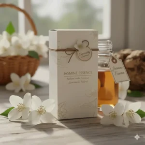 The elegant and sustainable packaging of the high-quality jasmine perfume oil, ready for gifting.