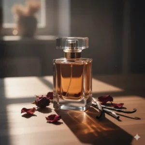 Aesthetic shot of a clear perfume bottle casting a shadow, emphasizing the warm rose vanilla fragrance.