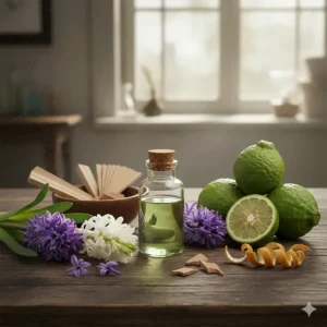 A collection of perfume ingredients, including hyacinth essence, bergamot, and sandalwood, used in fine fragrances.