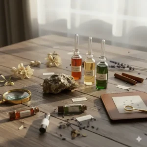 A flat lay of various high-quality perfume ingredients, including vials of essential oils and a small sample of ambergris.